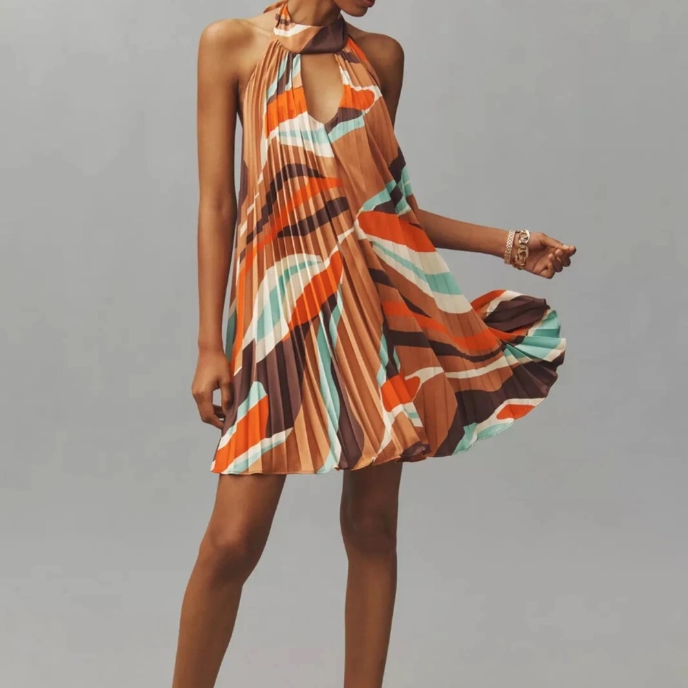 Anthropologie  Hutch Halter Pleated Swing Mini Dress  L new with tag nwt brown